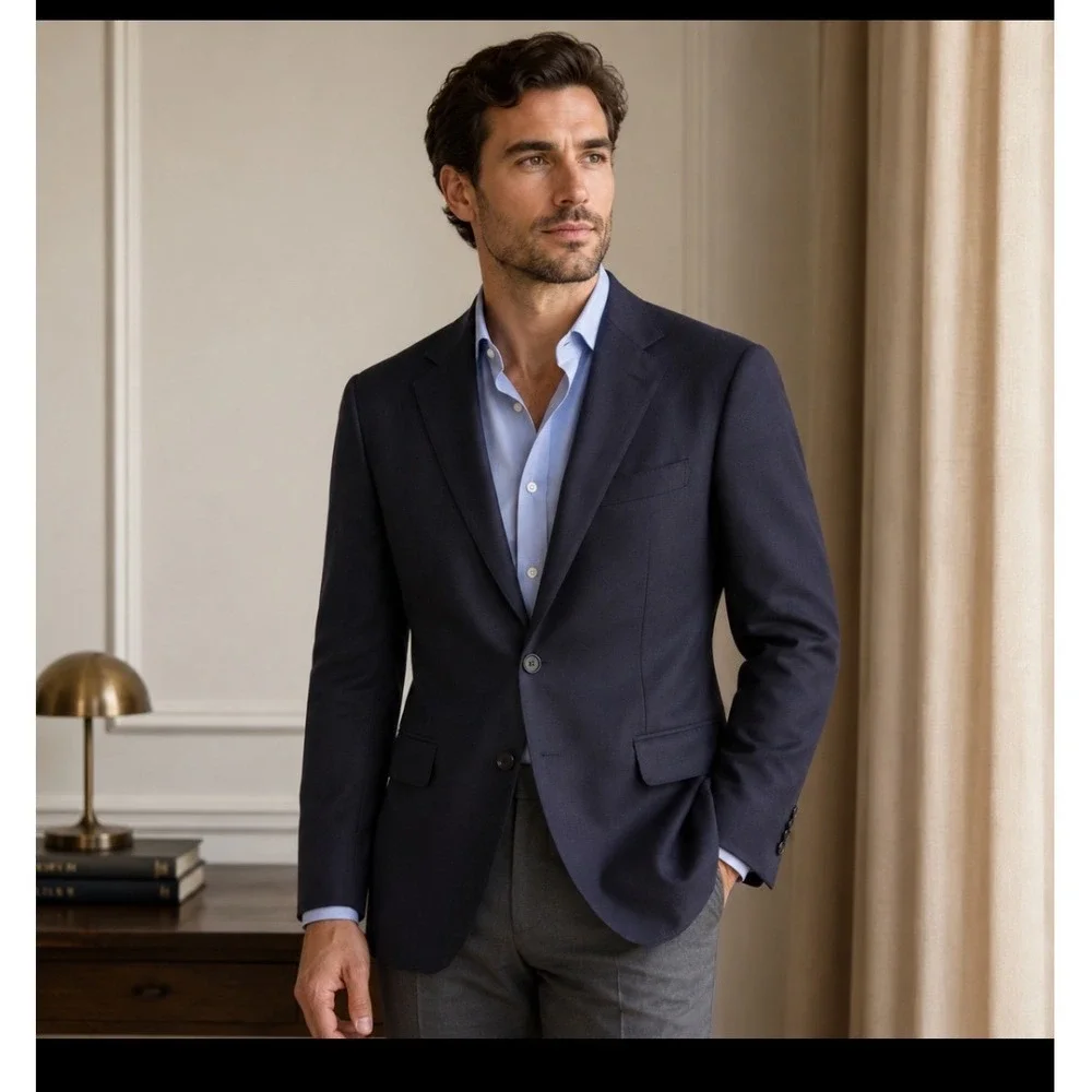 Saks Fifth Avenue Blazer Men Navy Blue Ermenegildo Zegna Cloth Made in Italy 42T